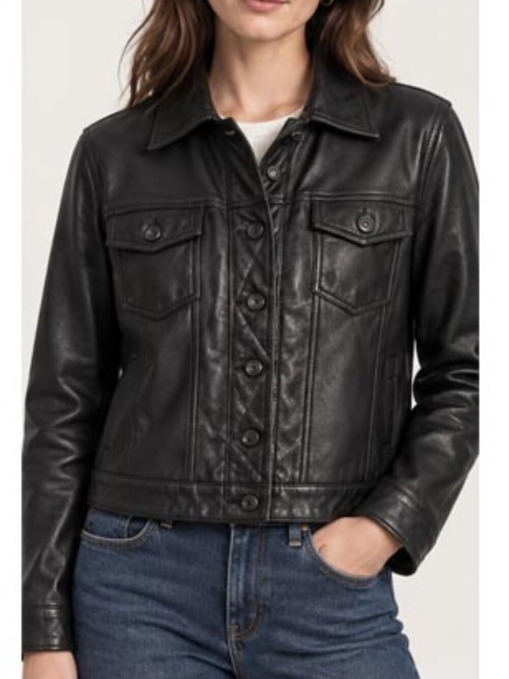 Women’s Genuine Black Leather Trucker Jacket -Size 14